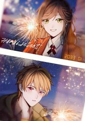 Rule 34 | 1boy, 1girl, :d, bare shoulders, brown eyes, brown hair, collared shirt, earrings, fireworks, green jacket, grin, highres, holding, jacket, jewelry, long hair, looking at viewer, lsy0416, luke pearce (tears of themis), night, night sky, open mouth, outdoors, photo (object), red jacket, rosa (tears of themis), shirt, sky, smile, tears of themis, teeth, white shirt, yellow shirt