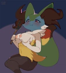 Rule 34 | 1girl, animal ear fluff, animal ears, animal nose, artist name, black fur, blush, body fur, braixen, breast expansion, breasts, closed mouth, creatures (company), drooling, female focus, fox ears, fox girl, fox tail, from side, furry, furry female, game freak, gen 6 pokemon, grabbing own breast, hands up, happy, highres, holding, holding stick, honey calamari, large breasts, looking down, navel, nintendo, nipples, pokemon, pokemon (creature), purple background, red eyes, saliva, signature, simple background, sitting, smile, solo, stick, tail, wavy mouth, white fur, yellow fur