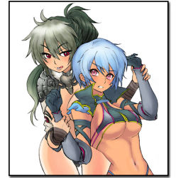 Rule 34 | 2girls, :q, armor, artist request, blue hair, blush, breasts, clenched teeth, echidna (queen&#039;s blade), green hair, grey hair, hobby japan, holding another&#039;s wrist, irma (queen&#039;s blade), licking lips, long hair, lowres, multicolored hair, multiple girls, navel, pink eyes, ponytail, queen&#039;s blade, queen&#039;s blade lost worlds, red eyes, short hair, teeth, tongue, tongue out, two-tone hair, underboob, yuri