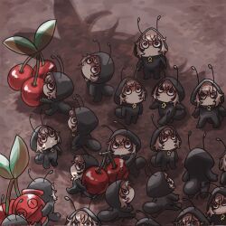Rule 34 | 6+girls, ant, ant costume, antennae, berry, black eyes, brown eyes, brown hair, bug, clone, crossed bangs, dirt, feathers, gaecho 123, highres, hololive, hololive english, insect, looking up, mini person, minigirl, multicolored hair, multiple girls, nanashi mumei, shadow, streaked hair, virtual youtuber
