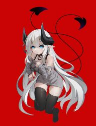 Rule 34 | 1girl, absurdres, bare shoulders, black straps, black thighhighs, blue eyes, breasts, bright pupils, chestnut mouth, chinese commentary, commentary request, demon girl, demon horns, demon tail, floating, grey sweater, hair between eyes, hand up, highres, horns, huge horns, huizhiyin, knees together feet apart, large breasts, long hair, looking at viewer, multiple tails, off-shoulder sweater, off shoulder, open mouth, original, pale skin, pointy ears, red background, skindentation, sweater, tail, thick thighs, thigh gap, thighhighs, thighs, very long hair, white hair, white pupils, zettai ryouiki