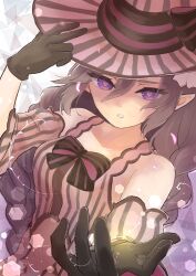 Rule 34 | bare shoulders, braid, gloves, hat, heart, heart-shaped pupils, highres, looking at viewer, low twin braids, low twintails, ludmila (rune factory), mugi gol, pointy ears, purple eyes, rune factory, rune factory 5, striped sleeves, symbol-shaped pupils, twin braids, twintails, witch hat