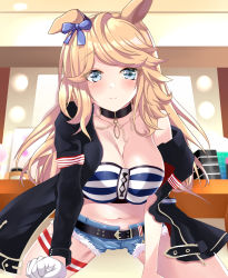Rule 34 | 1girl, absurdres, animal ears, bad id, bad pixiv id, bandeau, belt, black belt, black choker, black jacket, blonde hair, blue bow, blue eyes, blush, bow, breasts, chinese commentary, choker, cleavage, collarbone, commentary request, cutoffs, denim, denim shorts, gloves, gold city (umamusume), hair bow, highres, horse ears, indoors, jacket, large breasts, long hair, long sleeves, looking at viewer, midriff, navel, off shoulder, open clothes, open jacket, partial commentary, qing yunyi, short shorts, shorts, single bare shoulder, single glove, smile, solo, spread legs, stomach, strapless, striped bandeau, swept bangs, thigh strap, thighs, tube top, umamusume, very long hair, white gloves
