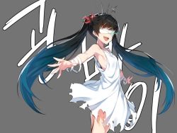 Rule 34 | 1girl, black hair, blindfold, blue hair, closers, crown, dress, fang, female focus, gradient hair, grey background, hair ornament, harpas (closers), multicolored hair, open mouth, outstretched arms, simple background, solo, spread arms, supernew, torn clothes, torn dress, twintails, white dress