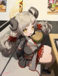 Rule 34 | 1girl, ahoge, blue archive, breasts, burger, collared shirt, curled horns, eating, food, food focus, gloves, grey gloves, grey jacket, hair ornament, hairclip, halo, haruna (blue archive), highres, holding, holding food, horns, izumi (blue archive), jacket, junko (blue archive), light brown hair, long hair, long sleeves, low twintails, m.q (mqkyrie), medium breasts, miniskirt, necktie, open mouth, pleated skirt, poster (object), red necktie, red skirt, shirt, signature, sitting, skirt, solo, symbol-shaped pupils, thighs, twintails, white shirt, yellow eyes