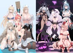 Rule 34 | 1boy, 6+girls, :o, absurdly long hair, absurdres, ahoge, akane (blue archive), ako (blue archive), alternate breast size, alternate costume, anus, anus peek, areola slip, arm tattoo, ass, asuna (blue archive), asymmetrical bangs, back, bag, bag on head, bare shoulders, barefoot, bat (animal), bdsm, bikini, black-framed eyewear, black footwear, black garter straps, black gloves, black hair, black shirt, black slingshot swimsuit, black thighhighs, blonde hair, blue archive, blue background, blue bra, blue eyes, blue hair, blue necktie, blush, bondage, bondage outfit, bound, bound arms, bra, braid, breasts, brown eyes, brown hair, chain, chinatsu (blue archive), choker, cleaning &amp; clearing (blue archive), cleavage, clipboard, closed mouth, collarbone, commentary, covered erect nipples, covered pussy, cross-laced clothes, cross-laced panties, dark-skinned female, dark skin, demon girl, demon horns, demon tail, demon wings, detached collar, dishwasher1910, double v, earrings, elbow gloves, french braid, from behind, full body, garter straps, glasses, gloves, gluteal fold, grey hair, grin, groin, hair between eyes, hair ornament, hair over one eye, halo, hand up, hat, head tilt, heart, heart panties, heart pasties, heart print, highres, hina (blue archive), holding, holding clipboard, holding pen, holding syringe, holding table, holster, horns, huge ahoge, huge ass, iori (blue archive), jewelry, karin (blue archive), knees together feet apart, large breasts, light brown hair, long hair, looking at viewer, looking back, low wings, medium breasts, messy hair, mole, mole on breast, mole under eye, multiple girls, multiple horns, navel, necklace, necktie, neru (blue archive), nurse, nurse cap, one-piece swimsuit, one eye covered, open mouth, orange hair, panties, paper bag, parted bangs, parted lips, partially visible vulva, pasties, pen, pink hair, platform footwear, pointy ears, ponytail, print panties, pubic hair, pubic hair peek, pubic tattoo, purple eyes, purple halo, purple panties, purple pasties, rectangular eyewear, red eyes, red halo, red one-piece swimsuit, revealing clothes, see-through, sensei (blue archive), shawl, shirt, short hair, side braid, sideboob, skirt, skull hair ornament, skull tattoo, slingshot swimsuit, small breasts, smile, soles, squatting, standing, stomach, string panties, striped bikini, striped clothes, swimsuit, syringe, syringe earrings, tail, tattoo, thigh gap, thigh holster, thighhighs, thighs, toki (blue archive), topless, transparent, twintails, underwear, v, very dark skin, very long hair, white bra, white gloves, white panties, white skirt, wings, yellow eyes