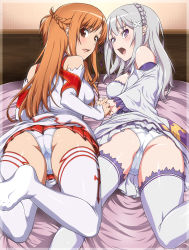Rule 34 | 10s, 2girls, ass, asuna (sao), bare shoulders, bed, bed sheet, blush, braid, breasts, brown eyes, brown hair, clothing cutout, commentary request, covered erect nipples, crossover, crown braid, detached sleeves, dress, embarrassed, emilia (re:zero), eyelashes, foreshortening, french braid, frilled sleeves, frills, from behind, gluteal fold, hair ornament, highres, holding hands, interlocked fingers, long hair, long sleeves, looking at viewer, looking back, lying, medium breasts, microskirt, multiple girls, on bed, on stomach, open mouth, panties, pantyshot, parted lips, pleated skirt, pointy ears, purple eyes, re:zero kara hajimeru isekai seikatsu, red skirt, shichimenchou, shiny skin, short dress, shoulder cutout, sidelocks, silver hair, skirt, sleeves past wrists, sword art online, thighhighs, thighs, tongue, underwear, white dress, white panties, white thighhighs, x hair ornament