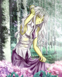 Rule 34 | bad id, bad pixiv id, caren hortensia, fate/hollow ataraxia, fate/stay night, fate (series), flower, forest, hitoha, hydrangea, nature, necktie, rain, solo, white hair, yellow eyes