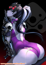 Rule 34 | 1girl, adapted costume, armor, ass, back, backlighting, bare back, black background, black hair, blush, colored skin, cowboy shot, cum, cum on ass, cum on body, cum on clothes, cum on lower body, earrings, eyelashes, floating hair, from side, gloves, gradient background, gun, hair ornament, hair tie, half-closed eyes, head-mounted display, high ponytail, hip focus, holding, holding gun, holding weapon, jewelry, kaorihero, leaning forward, leotard, licking, licking weapon, logo, long hair, looking at viewer, looking back, naughty face, overwatch, overwatch 1, patreon username, pauldrons, ponytail, profile, purple leotard, purple skin, rifle, saliva, short sleeves, shoulder armor, shoulder blades, sitting, sniper rifle, solo, stud earrings, thighs, tongue, tongue out, turtleneck, vambraces, very long hair, visor, weapon, widowmaker (overwatch), yellow eyes