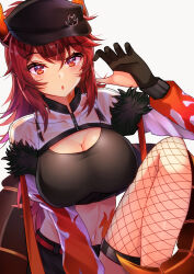 Rule 34 | 1girl, :o, black bustier, black gloves, black headwear, breasts, bustier, cleavage, cropped jacket, dola (6th costume) (nijisanji), dola (nijisanji), dragon girl, dragon horns, dragon tail, fishnet thighhighs, fishnets, gloves, hair between eyes, highres, horns, large breasts, long hair, long sleeves, looking at viewer, midriff, navel, nijisanji, partially fingerless gloves, red eyes, red hair, see-through, simple background, solo, stomach, tail, thighhighs, virtual youtuber, white background, zacky, zipper, zipper pull tab