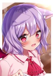 Rule 34 | 1girl, absurdres, animal ears, ascot, bad id, bad pixiv id, bat wings, cat ears, cat girl, collared shirt, fang, hair between eyes, highres, light particles, looking at viewer, open mouth, purple hair, red ascot, red eyes, remilia scarlet, shinonome asu, shirt, short hair, short sleeves, solo, touhou, upper body, wings