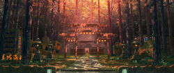 Rule 34 | 1girl, absurdres, architecture, brown hair, chinese commentary, coat, dappled sunlight, east asian architecture, evening, forest, from behind, grass, green coat, highres, lantern, long hair, nature, neon lights, original, outdoors, scenery, shrine, shuu illust, standing, stone walkway, sunlight, torii, tree, tree trunk, vanishing point