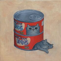 Rule 34 | animal, animal focus, can, canned food, cat, closed eyes, commentary request, grey cat, highres, karin hosono, no humans, orange background, original, painting (medium), pet food, realistic, simple background, traditional media, translation request