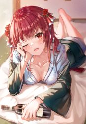 Rule 34 | 1girl, absurdres, bad id, bad pixiv id, bed, blush, bottle, breasts, cleavage, flower, hair flower, hair ornament, happy, highres, hololive, houshou marine, japanese clothes, kimono, lying, on bed, on stomach, one eye closed, red hair, sake bottle, smile, virtual youtuber, yukata, zeroillya