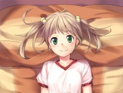 Rule 34 | 10s, 1girl, bed, blonde hair, from above, game cg, green eyes, gym uniform, hair bobbles, hair ornament, ibarazaki emi, katawa shoujo, looking at viewer, lying, smile, solo, twintails