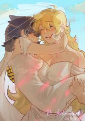 Rule 34 | 2023, 2girls, absurdres, ahoge, animal ears, blake belladonna, blonde hair, blue sky, blush, breasts, bridal veil, carrying, carrying person, cat ears, cleavage, closed eyes, cloud, commentary request, couple, dated, dress, english text, female focus, hair between eyes, highres, jewelry, large breasts, long hair, looking at another, mechanical arms, mtdykxkxzzy, multiple girls, outdoors, princess carry, prosthesis, prosthetic arm, ring, rwby, single mechanical arm, sky, sleeveless, sleeveless dress, smile, upper body, veil, wedding, wedding dress, wedding ring, white dress, wife and wife, yang xiao long, yuri