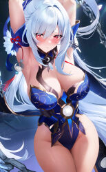 Rule 34 | 1girl, absurdres, armpits, arms up, bare shoulders, blue leotard, blush, breasts, chain, cleavage, closed mouth, detached sleeves, fantongjun, gloves, high ponytail, highres, honkai: star rail, honkai (series), jingliu (honkai: star rail), large breasts, leotard, long hair, looking at viewer, presenting armpit, red eyes, solo, thighhighs, thighs, white hair