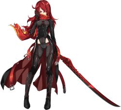 Rule 34 | 1girl, black legwear, bodysuit, breasts, contrapposto, corset, covering own mouth, dark knight (elsword), elesis (elsword), elsword, full body, highres, long hair, looking at viewer, official art, red eyes, red hair, ress, scarf, small breasts, solo, standing, sword, transparent background, weapon
