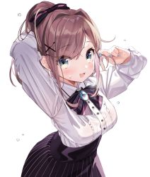 Rule 34 | 1girl, :3, blue eyes, blue nails, blush, bow, bowtie, brooch, center frills, collared shirt, commentary request, flying sweatdrops, frills, hair bow, hair ornament, high-waist skirt, highres, jewelry, kanda done, light brown hair, long sleeves, looking at viewer, medium hair, nail polish, nijisanji, open mouth, ponytail, shirt, simple background, skirt, smile, solo, striped bow, striped clothes, striped skirt, suzuhara lulu, sweat, upper body, vertical-striped clothes, vertical-striped skirt, virtual youtuber, white background, white shirt, x hair ornament