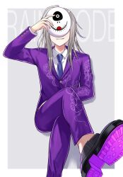 Rule 34 | 1boy, ahoge, black footwear, blonde hair, blue necktie, buttoned cuffs, buttons, collared shirt, commentary request, copyright name, covered face, crossed legs, floral print, formal, grey background, grey hair, highres, holding, holding mask, invisible chair, jacket, kikira (pixiv85582807), long hair, long sleeves, makoto kagutsuchi, male focus, mask, master detective archives: rain code, necktie, open mouth, pants, purple jacket, purple pants, shirt, sitting, smile, solo, suit, white shirt