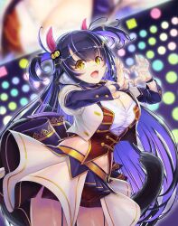 Rule 34 | 1girl, animal ear fluff, animal ears, blurry, blurry background, breasts, cat ears, cat girl, cat tail, choker, cleavage, commission, concert, cowboy shot, cropped jacket, fang, garter straps, half-skirt, hands up, heart, heart hands, highres, indie virtual youtuber, jacket, kiyama satoshi, kuroike momimi, large breasts, long hair, long sleeves, looking at viewer, mole, mole on breast, navel, open clothes, open jacket, open mouth, purple hair, red shorts, red vest, shirt, short shorts, shorts, skeb commission, skirt, smile, stage, stage lights, starting future (umamusume), tail, two side up, umamusume, vest, virtual youtuber, white jacket, white shirt, white skirt, wristband, yellow eyes