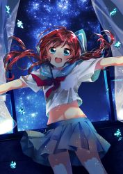 Rule 34 | 1girl, blue eyes, curtains, long hair, navel, open mouth, original, outstretched arms, pleated skirt, red hair, school uniform, serafuku, shinonome neko-tarou, skirt, sky, smile, solo, spread arms, star (sky), starry sky, twintails, window