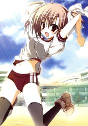 Rule 34 | 00s, 1girl, :d, absurdres, aquarian age, arms up, black thighhighs, brown hair, buruma, fang, gym uniform, highres, inugami kira, jumping, open mouth, red eyes, school, shoes, smile, thighhighs, two side up