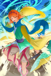 Rule 34 | 1other, absurdres, androgynous, blue scarf, hairband, highres, japanese clothes, kimono, len&#039;en, long sleeves, open mouth, orange eyes, orange hair, other focus, red hairband, scarf, short hair, shorts, smile, wide sleeves, yoni., zuifeng tenkai