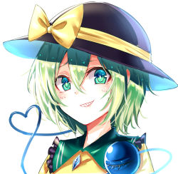 Rule 34 | 1girl, black hat, bow, commentary request, frilled shirt collar, frills, green eyes, green hair, grin, hair between eyes, hat, hat bow, heart, heart of string, koissa, komeiji koishi, looking at viewer, portrait, sharp teeth, shirt, short hair, simple background, smile, solo, teeth, third eye, touhou, white background, yellow bow, yellow shirt
