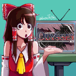 Rule 34 | 1girl, bow, brown eyes, brown hair, commentary, detached sleeves, english commentary, frilled hair tubes, frills, gensokyo odyssey, hair bow, hair tubes, hakurei reimu, kanpaithighs, medium hair, open mouth, red bow, red shirt, shirt, sidelocks, sleeveless, sleeveless shirt, television, touhou, white sleeves