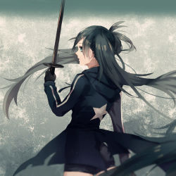 Rule 34 | 10s, 1girl, black hair, black rock shooter, black rock shooter (character), blue eyes, dama (sindygao), gloves, highres, holding, hood, hooded jacket, jacket, long hair, looking at viewer, looking back, short shorts, shorts, solo, sword, twintails, very long hair, weapon