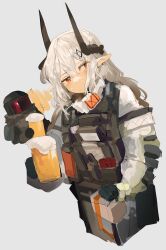 Rule 34 | +++, alcohol, arknights, beer, beer mug, black gloves, blush, character request, closed mouth, cup, gloves, grey background, hair between eyes, highres, holding, holding cup, horns, jumpsuit, long hair, long sleeves, mudrock (arknights), mug, odmised, pointy ears, red eyes, simple background, sweat, very long hair, white hair, white jumpsuit