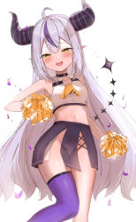 Rule 34 | 1girl, ahoge, alternate costume, bare shoulders, blush, braid, braided bangs, breasts, cheerleader, choker, cleavage cutout, clothing cutout, collarbone, contrapposto, crop top, cross-laced slit, demon horns, fang, feet out of frame, groin, highres, hololive, holox, horns, la+ darknesss, long hair, looking at viewer, midriff, multicolored hair, navel, neckerchief, no panties, open mouth, petals, pointy ears, pom pom (cheerleading), purple thighhighs, shirt, single thighhigh, skirt, sleepmoon3589, sleeveless, sleeveless shirt, smug, solo, streaked hair, striped horns, thighhighs, very long hair, virtual youtuber, wide hips, yellow eyes