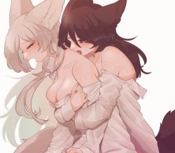Rule 34 | 2girls, animal ear fluff, animal ears, bare shoulders, bite mark, blush, breasts, brown hair, commentary request, commission, closed eyes, fang, hug, hug from behind, long hair, medium breasts, multiple girls, open mouth, original, red eyes, shirt, simple background, skeb commission, tail, twitter username, white background, white hair, white shirt, whooo-ya, yuri