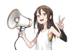 Rule 34 | 1girl, :d, blvefo9, brown eyes, brown hair, commentary, english commentary, female focus, flat chest, holding, holding megaphone, long hair, looking at viewer, megaphone, open mouth, original, simple background, smile, solo, teeth, upper body, upper teeth only, w, white background