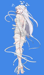 1girl absurdres ass bandaged_chest bandaged_head bandages blue_archive blue_background full_body halloween_costume halo highres himari_(blue_archive) mola_(mola526) mummy mummy_costume naked_bandage purple_eyes simple_background solo white_hair white_halo