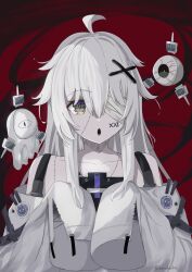Rule 34 | 1girl, ahoge, bandage over one eye, character name, colored skin, commentary request, dress, grey dress, grey eyes, grey hair, grey skin, hair between eyes, hair ornament, halloween, highres, long hair, no.21: xxi (punishing: gray raven), non-humanoid robot, punishing: gray raven, robot, sidelocks, sleeves past fingers, sleeves past wrists, solo, stitched face, stitched torso, stitches, suspenders, torahachie, very long hair, x hair ornament