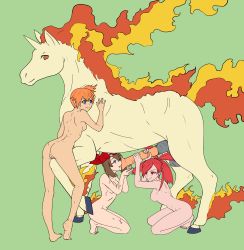 Rule 34 | 1boy, 3girls, absurdres, animal penis, ass, bandana, bestiality, blue eyes, breasts, brown hair, closed mouth, creatures (company), erection, fire, flannery (pokemon), full body, game freak, gen 1 pokemon, green background, gym leader, handjob, highres, horns, horse, horse penis, huge penis, kneeling, large breasts, licking, long hair, may (pokemon), medium breasts, misty (pokemon), multiple girls, nintendo, nipples, nude, oral, orange hair, orgasm, penis, pokemon, pokemon (creature), pokemon frlg, pokemon rgby, pokemon rse, precum, pussy, pussy juice, rapidash, red eyes, red hair, short hair, side ponytail, sideboob, simple background, single horn, smile, standing, testicles, tongue, tongue out, uncensored, unicorn