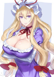 Rule 34 | 1girl, absurdres, arms under breasts, blonde hair, blurry, border, bow, breasts, choker, cleavage, collarbone, commentary request, depth of field, dress, elbow gloves, frills, gloves, grey background, gunnjou yosio, hair between eyes, hair bow, hair ribbon, hat, hat ribbon, highres, large breasts, light smile, long hair, looking at viewer, mob cap, outside border, parted lips, puffy short sleeves, puffy sleeves, purple dress, purple eyes, red bow, red ribbon, ribbon, ribbon choker, short sleeves, sidelocks, simple background, sketch, solo, touhou, tress ribbon, upper body, very long hair, white border, white gloves, white hat, yakumo yukari