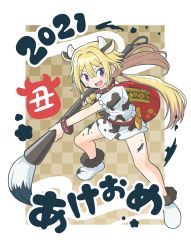 Rule 34 | 1girl, 2021, blonde hair, checkered background, fur-trimmed footwear, fur trim, gecchu, graphite (medium), hair between eyes, hair ornament, highres, long hair, magia record: mahou shoujo madoka magica gaiden, mahou shoujo madoka magica, mitsuki felicia, mitsuki felicia (halloween costume), neck bell, new year, open mouth, pencil, purple eyes, smile, solo, tagme, traditional media, twintails, yellow background