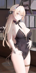 Rule 34 | 1girl, animal ears, bar (place), bare shoulders, black leotard, blonde hair, bow, bowtie, breasts, rabbit ears, rabbit tail, cleavage, collarbone, commentary request, covered navel, cowboy shot, detached collar, fake animal ears, fake tail, girls&#039; frontline, hair bow, highleg, highleg leotard, highres, indoors, large breasts, leotard, long hair, looking at viewer, ots-14 (girls&#039; frontline), playboy bunny, ru zhai, solo, standing, strapless, strapless leotard, tail, thigh strap, thighs, wrist cuffs, yellow eyes