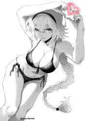 Rule 34 | 1girl, absurdres, arms up, bikini, braid, braided ponytail, breasts, cleavage, collarbone, commentary, commission, enferverge, english commentary, fate/apocrypha, fate/grand order, fate (series), front-tie bikini top, front-tie top, greyscale, hair between eyes, hairband, heart, heart hands, heart in heart hands, highres, jeanne d&#039;arc (fate), jeanne d&#039;arc (ruler) (fate), large breasts, long hair, looking at viewer, monochrome, navel, side-tie bikini bottom, single braid, smile, solo, swimsuit, twitter username, very long hair, white background