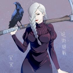 Rule 34 | 1girl, 1other, axe, bird, black dress, braid, braided bangs, braided ponytail, breasts, crow, dress, hair over face, hair over one eye, highres, holding, holding axe, jujutsu kaisen, large breasts, long hair, long sleeves, looking at viewer, mei mei (jujutsu kaisen), n.akabae, one eye covered, puffy sleeves, red lips, simple background, smile, tight clothes, tight dress, turtleneck, turtleneck dress, white hair