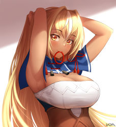 Rule 34 | 1girl, armpits, arms up, blonde hair, blush, breasts, cleavage, dark-skinned female, dark skin, hair tie, hair tie in mouth, highres, hololive, kya (kyamonhara), large breasts, looking at viewer, mouth hold, orange eyes, shiranui flare, smile, solo, virtual youtuber