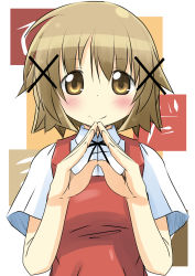 Rule 34 | 1girl, bad id, bad pixiv id, blush, brown eyes, brown hair, closed mouth, copyright name, hair ornament, hairclip, hidamari sketch, highres, looking at viewer, naruse mai, own hands together, school uniform, short hair, smile, solo, steepled fingers, yuno (hidamari sketch)