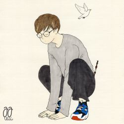 Rule 34 | 1boy, awai880, bird, black pants, blue footwear, brown hair, commentary request, closed eyes, glasses, grey shirt, long sleeves, male focus, original, pants, shirt, shoes, short hair, signature, simple background, solo, squatting, tan background, white bird