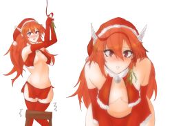 Rule 34 | 1girl, balancing, bell, blush, breasts, caeldori (fire emblem), closed mouth, collar, curvy, embarrassed, facing viewer, fingerless gloves, fire emblem, fire emblem fates, gloves, hair between eyes, hair ornament, hat, headband, kiss, leaning forward, long hair, looking at viewer, mistletoe, navel, neck bell, nintendo, nipples, on chair, open mouth, red eyes, red hair, revealing clothes, ribbon, santa costume, santa hat, small breasts, standing, standing on chair, standing on object, thighhighs, thighs, transparent background, tridisart, tying