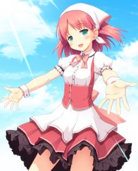 Rule 34 | 1girl, blue eyes, blue sky, blush, bow, cloud, day, highres, maid, open mouth, original, outdoors, outstretched arms, pink bow, pink hair, red hair, skirt, sky, solo, standing, sunlight, yamasan