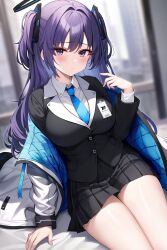 Rule 34 | 1girl, belt, belt pouch, blue archive, blue necktie, collared shirt, formal, hand up, highres, id card, jacket, miniskirt, multicolored clothes, multicolored jacket, myuu (arisumeria), necktie, off shoulder, open clothes, open jacket, parted bangs, pleated skirt, pouch, purple eyes, purple hair, shirt, sidelocks, sitting, skirt, suit, two-sided fabric, two-sided jacket, two-tone jacket, two side up, white belt, white shirt, yuuka (blue archive)