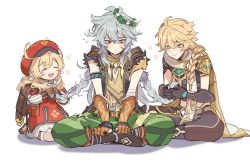 Rule 34 | 1girl, 2boys, absurdres, aether (genshin impact), ahoge, armband, armor, backpack, bag, bandaged arm, bandages, belt, blonde hair, blush, braid, brown bag, brown footwear, brown gloves, child, closed eyes, closed mouth, clover, clover print, daenarys, fingerless gloves, flower, flying sweatdrops, fur trim, genshin impact, gloves, grey background, grey hair, hair between eyes, happy, hat, head wreath, highres, holding another&#039;s hair, hood, hood down, indian style, jewelry, klee (genshin impact), kneeling, long hair, multiple boys, necklace, open mouth, pauldrons, pink eyes, pointy ears, ponytail, purple flower, razor (genshin impact), red headwear, scarf, shoulder armor, simple background, single pauldron, sitting, smile, sweat, sweatdrop, tassel, white scarf, yellow eyes